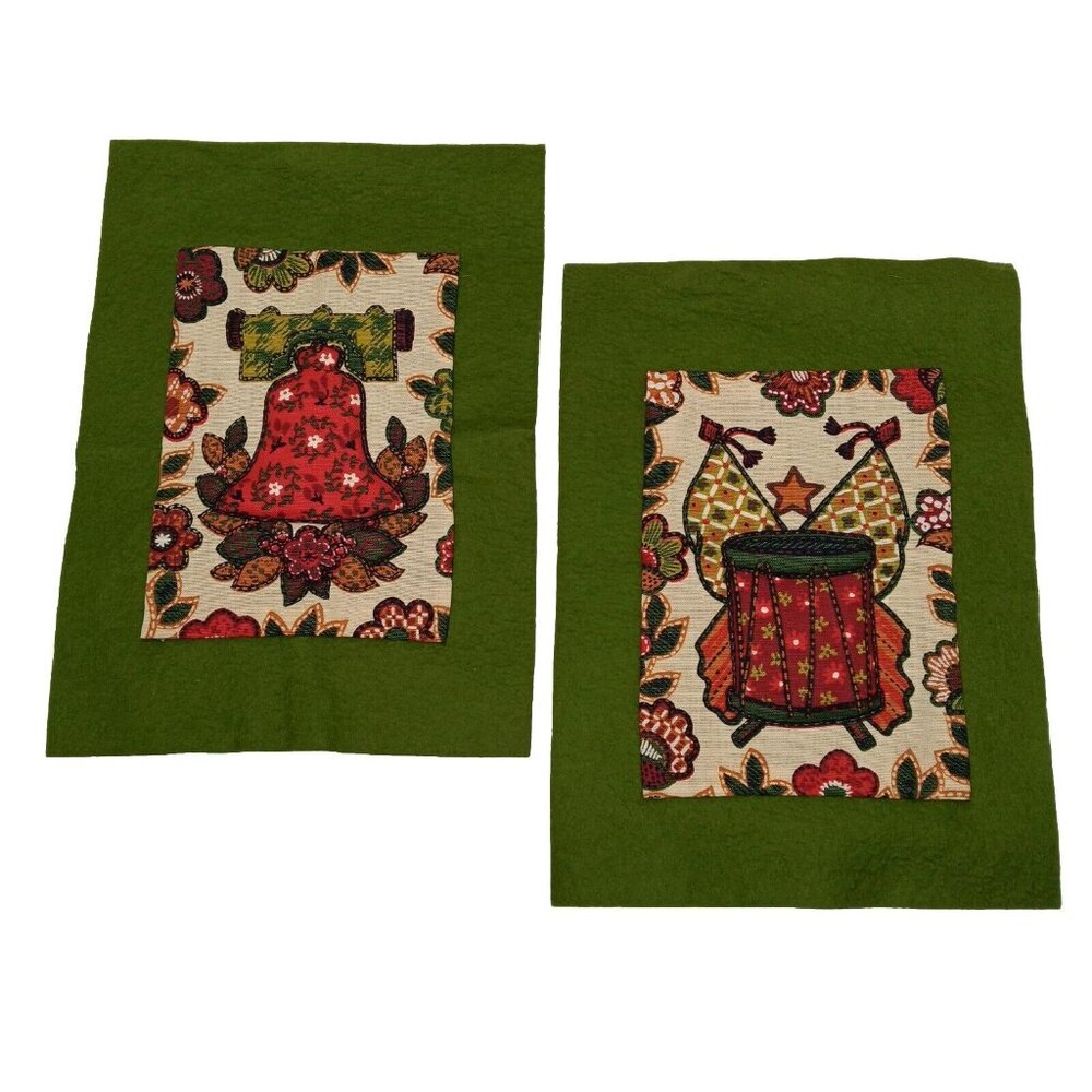 Vtg 60s Lee Wards 3D Pictures Drum And Bell Needlepoint Green Felt Fabric Kitsch